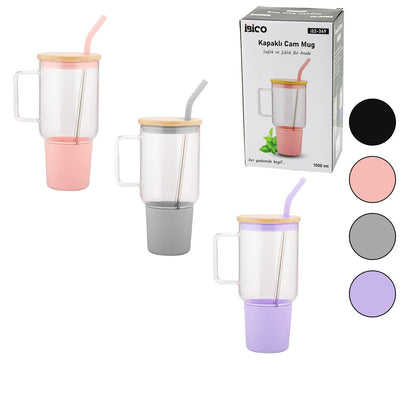 CAM 1000ML MATARA - SULUK BAMBU KAPAK - SIZDIRMAZ SİLİKONLU ÇELİK PİPET KORUYUCU SİLİKON ALTLIK - KILIF (5643)