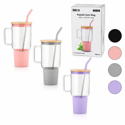 CAM 1000ML MATARA - SULUK BAMBU KAPAK - SIZDIRMAZ SİLİKONLU ÇELİK PİPET KORUYUCU SİLİKON ALTLIK - KILIF (5643)