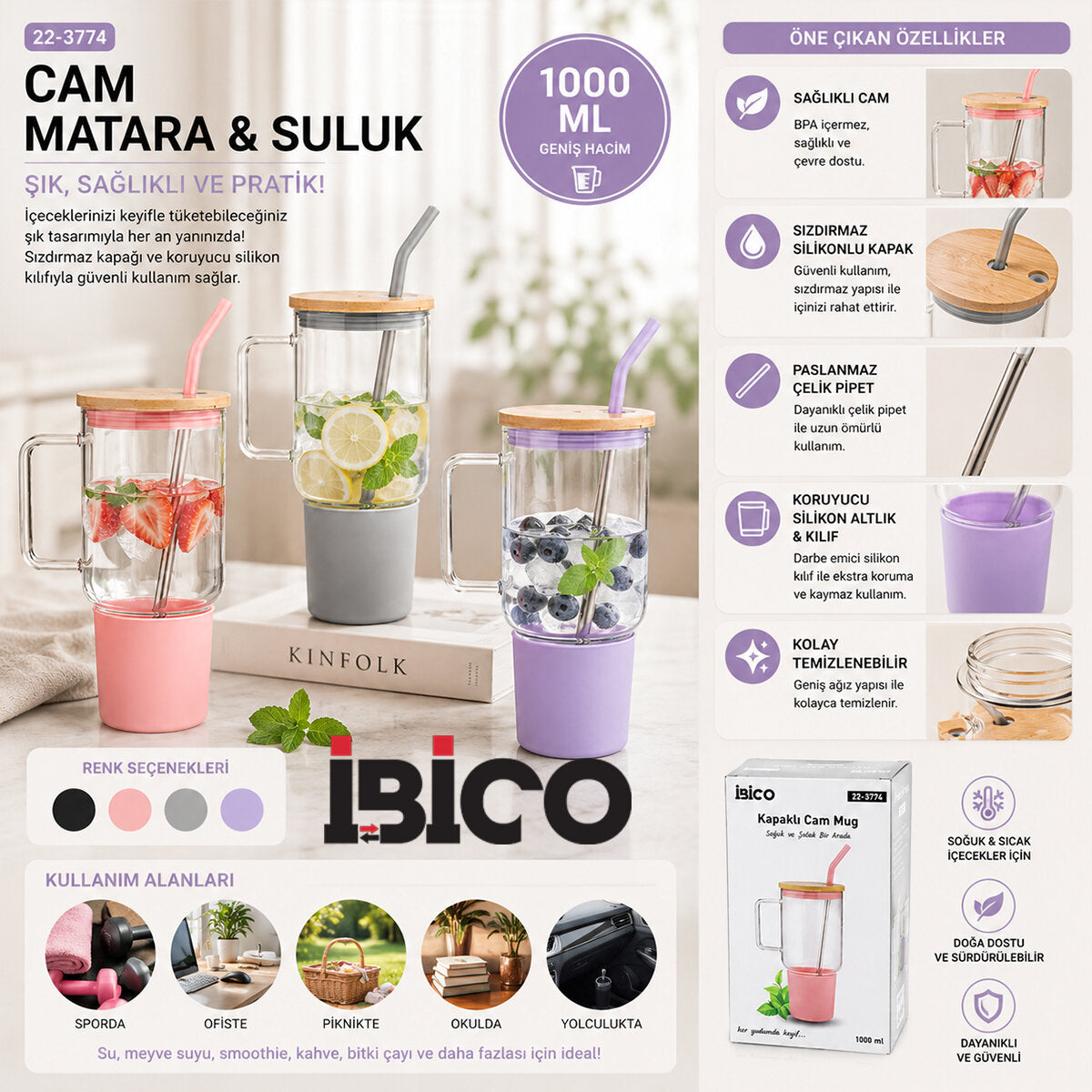 CAM 1000ML MATARA - SULUK BAMBU KAPAK - SIZDIRMAZ SİLİKONLU ÇELİK PİPET KORUYUCU SİLİKON ALTLIK - KILIF (5643)