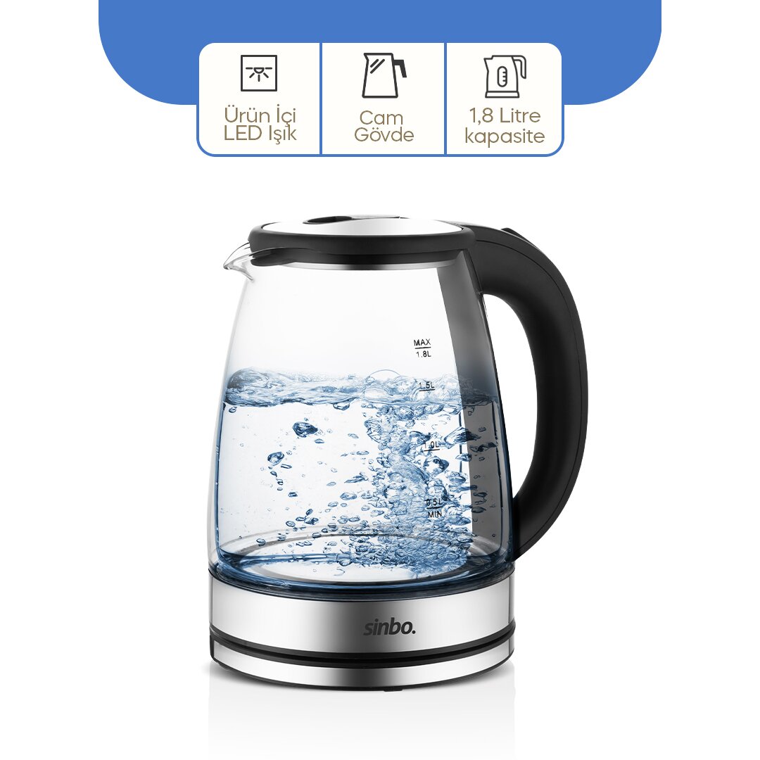 CAM - LEDLİ KETTLE 1.8LT GİZLİ REZİSTANS - KABLOSUZ 360 DERECE GÖVDE 1500W SK-8033 (5643)