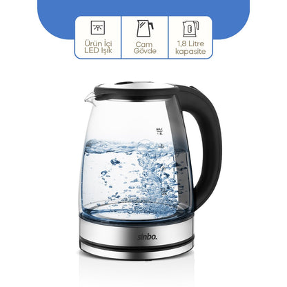 CAM - LEDLİ KETTLE 1.8LT GİZLİ REZİSTANS - KABLOSUZ 360 DERECE GÖVDE 1500W SK-8033 (5643)