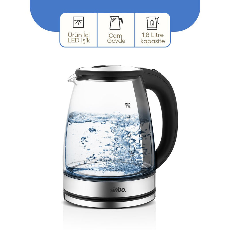 CAM - LEDLİ KETTLE 1.8LT GİZLİ REZİSTANS - KABLOSUZ 360 DERECE GÖVDE 1500W SK-8033 (5643)