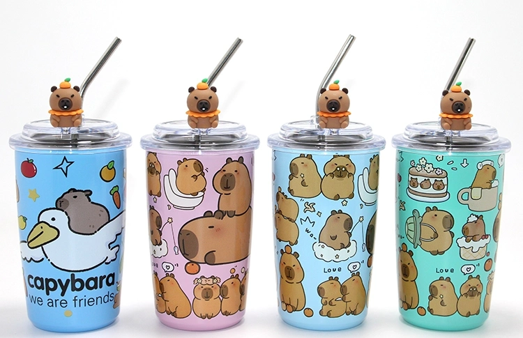 Capybara Figürlü Isı Muhafazalı Metal Pipetli Paslanmaz Çelik Kupa Alk4429
