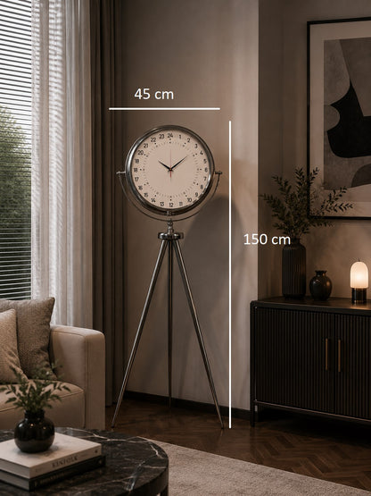 Krom 24 Saat Göstergeli 150 x 45 Cm Metal Özel Tasarım Tripod Ayaklı Saat