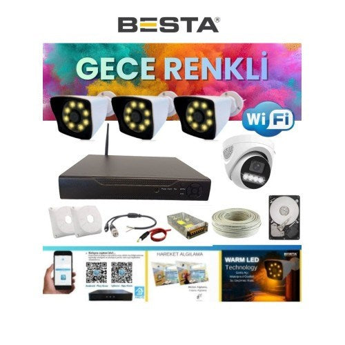 3 Dış 1 Iç 4 Kameralı Gece Renkli Wıfı Ozellikli 500 GB HDD Dahil Güvenlik Kamera Seti