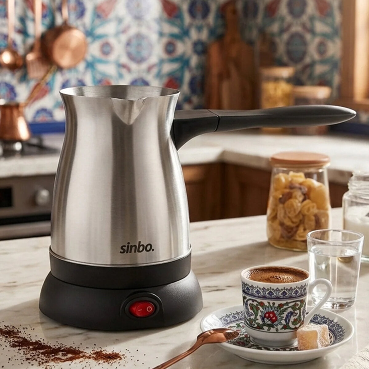 ÇELİK ELEKTRİKLİ CEZVE TÜRK KAHVE MAKİNESİ - 6FİNCAN=500ML 360° KABLOSUZ KULLANIM KATLANIR KULP SCM-9038 (5643)