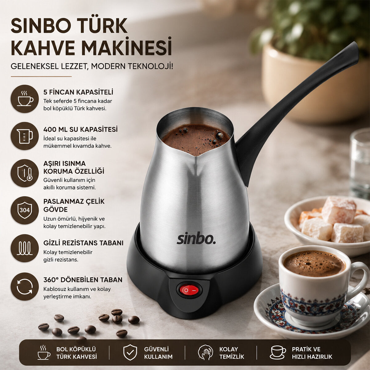 ÇELİK ELEKTRİKLİ CEZVE TÜRK KAHVE MAKİNESİ - 5FİNCAN=400ML 360° KABLOSUZ KULLANIM KATLANIR KULP 700W SCM-2967 (5643)