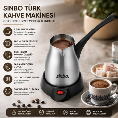 ÇELİK ELEKTRİKLİ CEZVE TÜRK KAHVE MAKİNESİ - 5FİNCAN=400ML 360° KABLOSUZ KULLANIM KATLANIR KULP 700W SCM-2967 (5643)