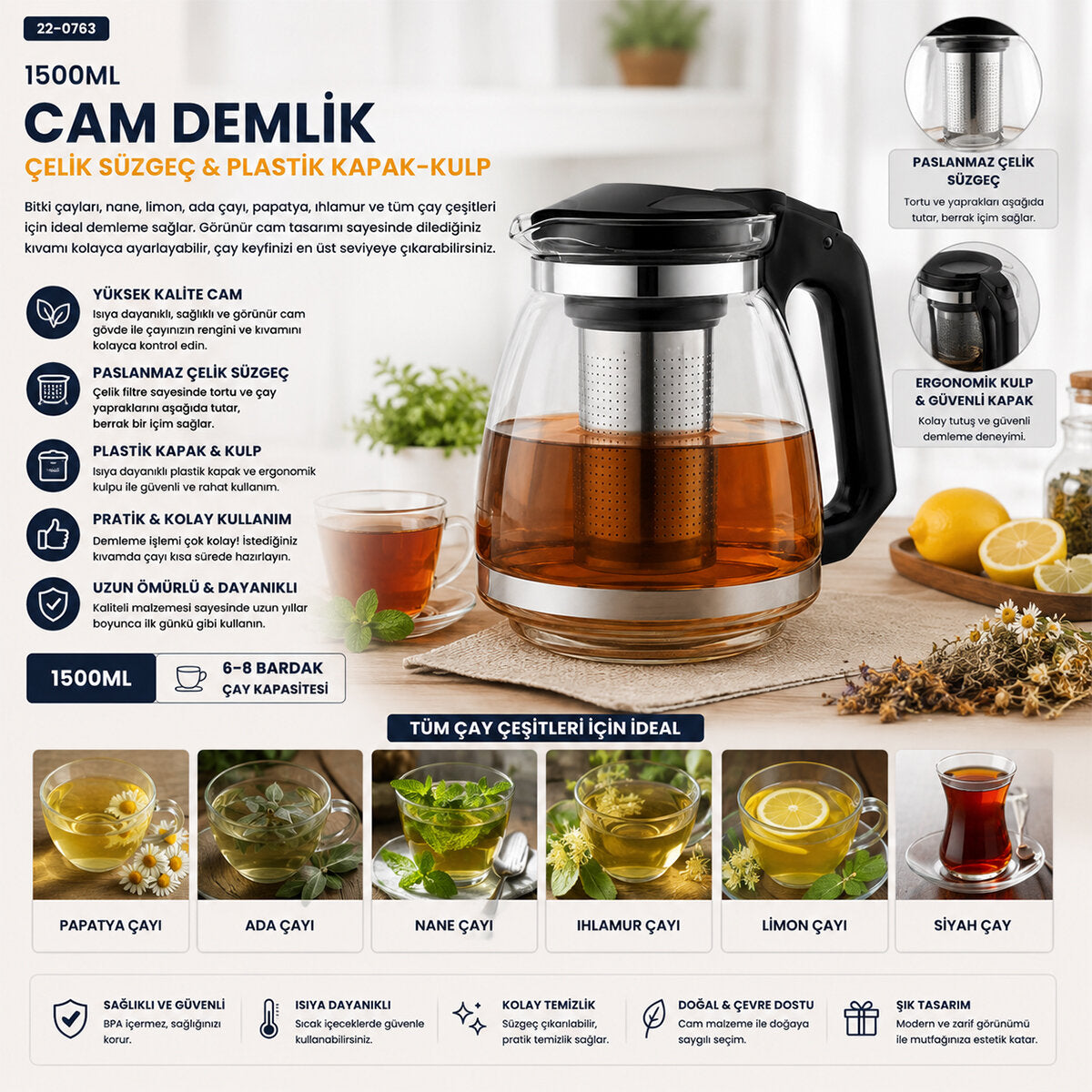 ÇELİK SÜZGEÇLİ CAM DEMLİK 1500ML (5643)