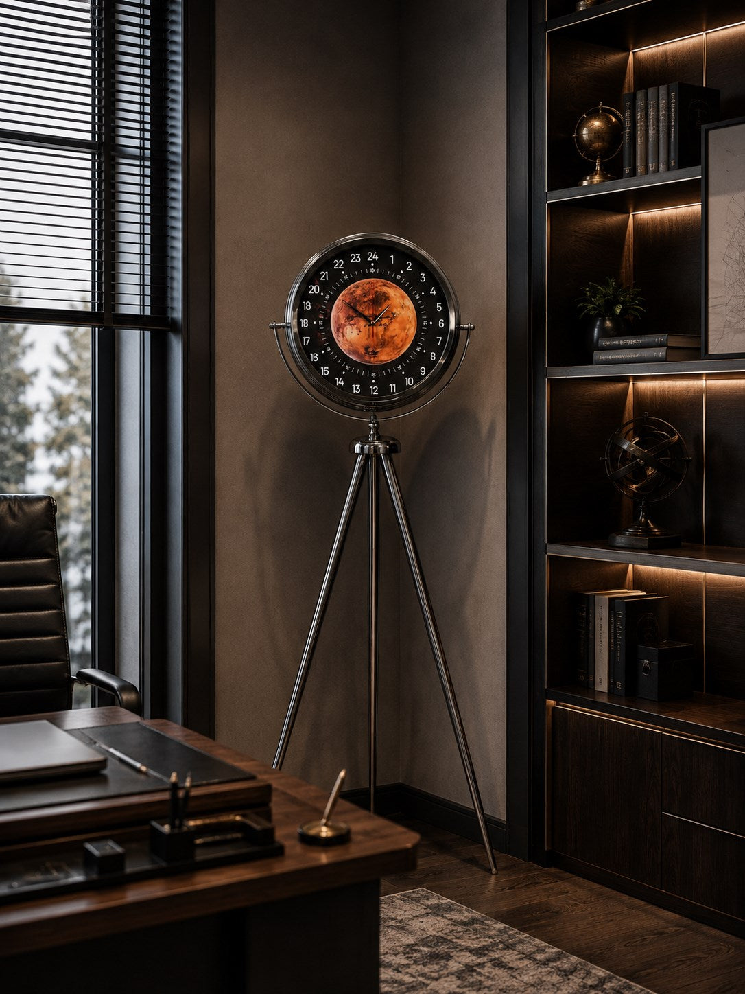 Krom 24 Saat Göstergeli 150 x 45 Cm Özel Tasarım Tripod Ayaklı Saat