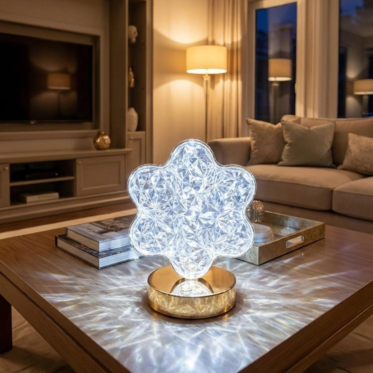 Çiçek Model Kristal LED Masa Lambası – Dokunmatik, 3 Renk Işık Modlu, Şarjlı Mini Dekoratif Gece Lambası (5643)