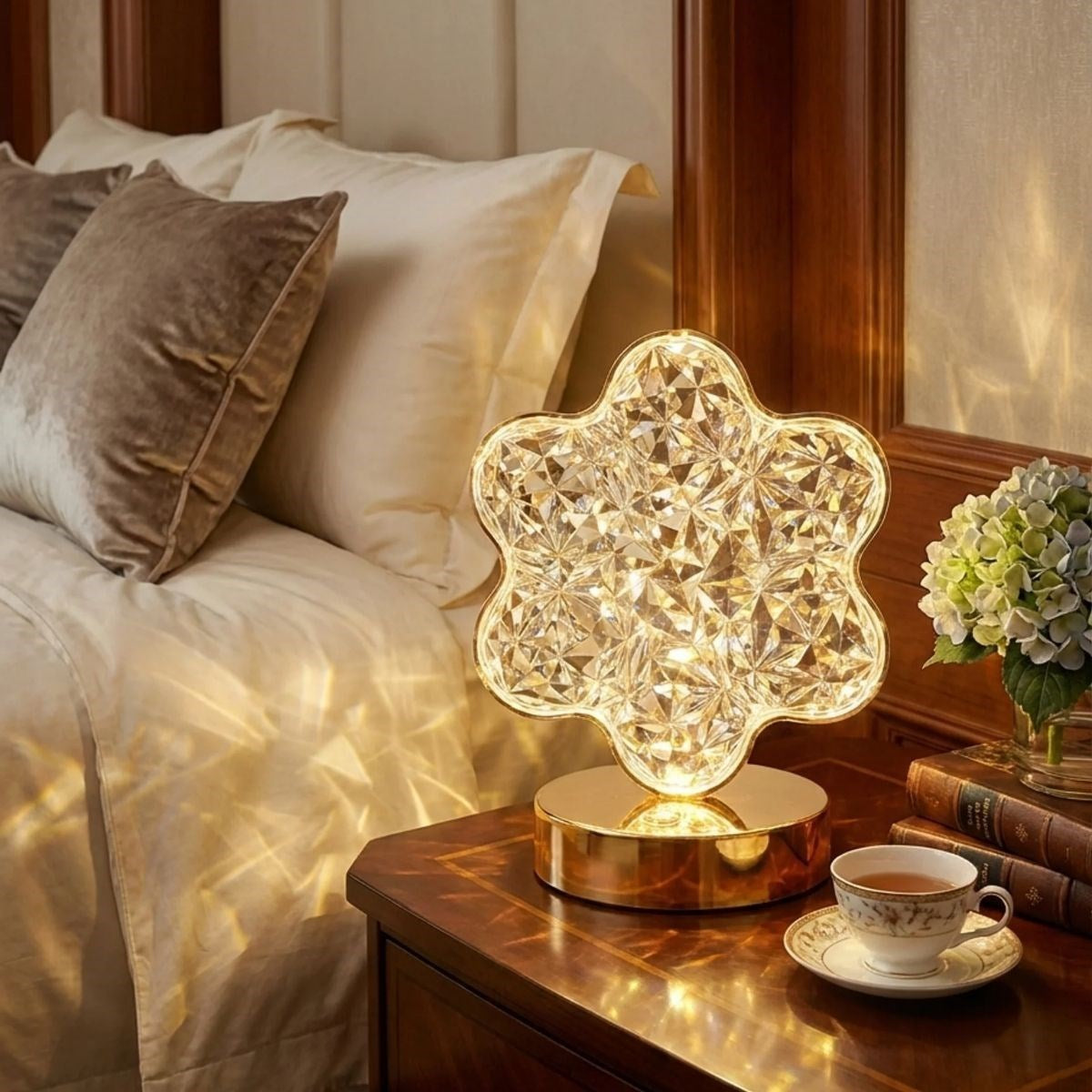 Çiçek Model Kristal LED Masa Lambası – Dokunmatik, 3 Renk Işık Modlu, Şarjlı Mini Dekoratif Gece Lambası (5643)
