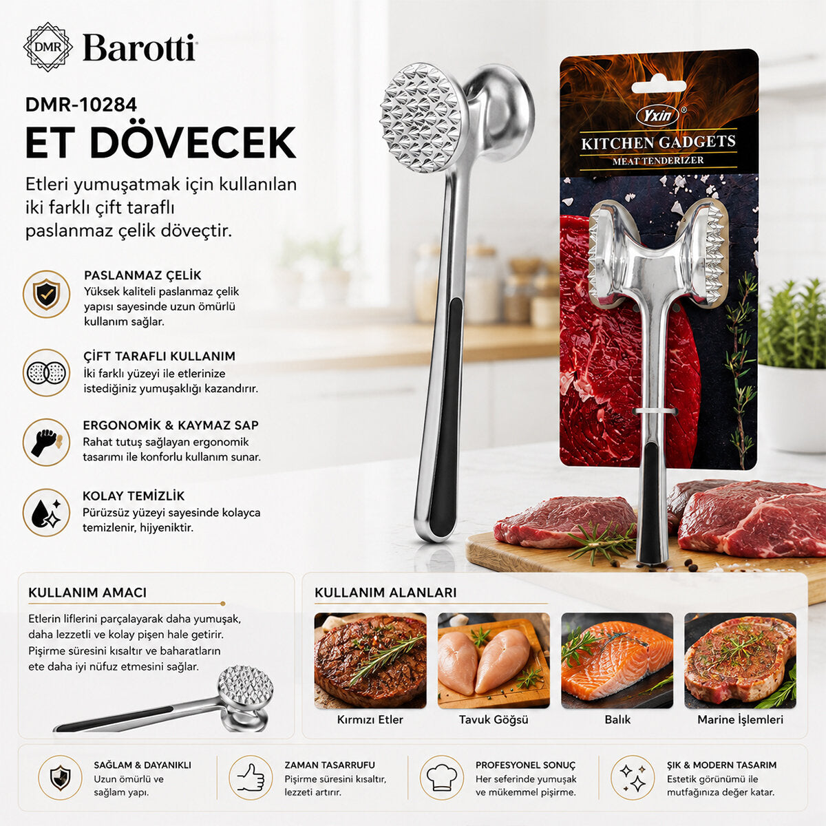 ÇİFT BAŞLI - KOMPLE METAL PASLANMAZ ÇELİK ET DÖVECEK (5643)