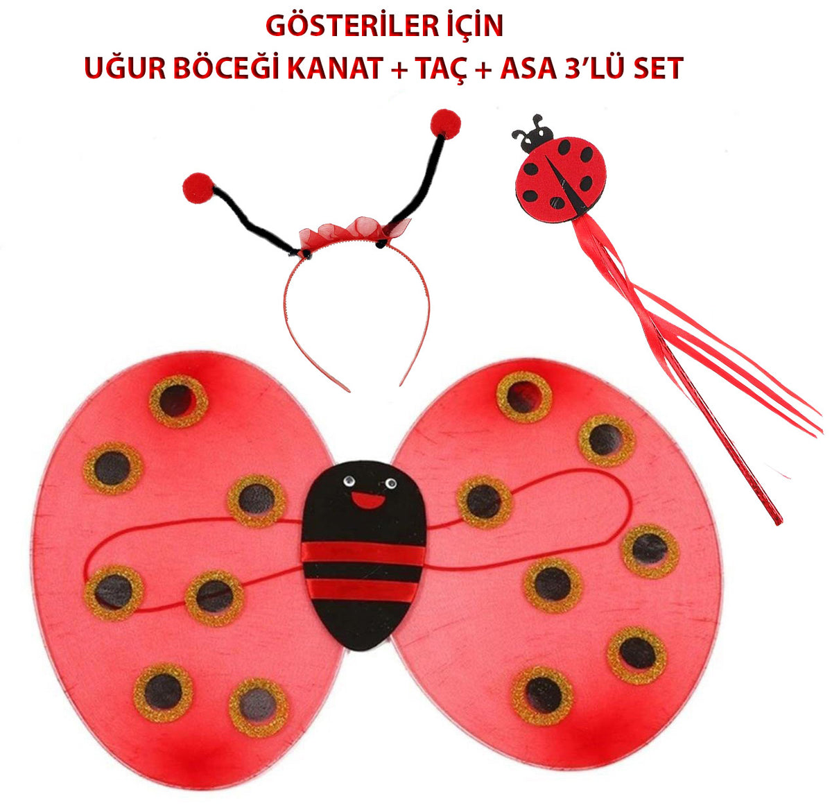 Çocuk Gösteri İçin Uğur Böceği Kanat + Taç + Asa 3'lü Kostüm Seti (5643)