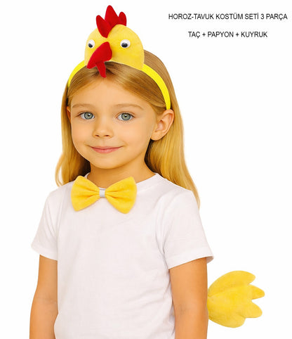 Çocuk Horoz Tavuk Kostüm Seti 3 Parça (Taç + Papyon + Kuyruk) (5643)