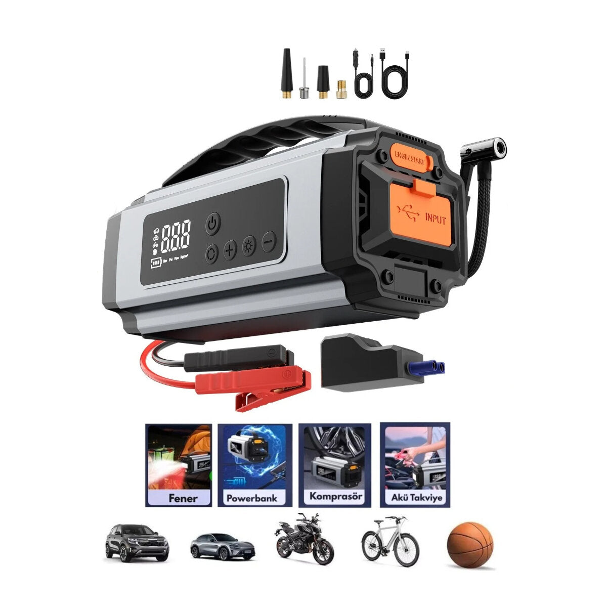 ÇOK FONKSİYONLU OTO - ARAÇ TAKVİYE SET TAŞINABİLİR 120W DİJİTAL EKRAN POWERBANK ÖZELLİK - FENER - COB - PUSULA YG-898 (5643)