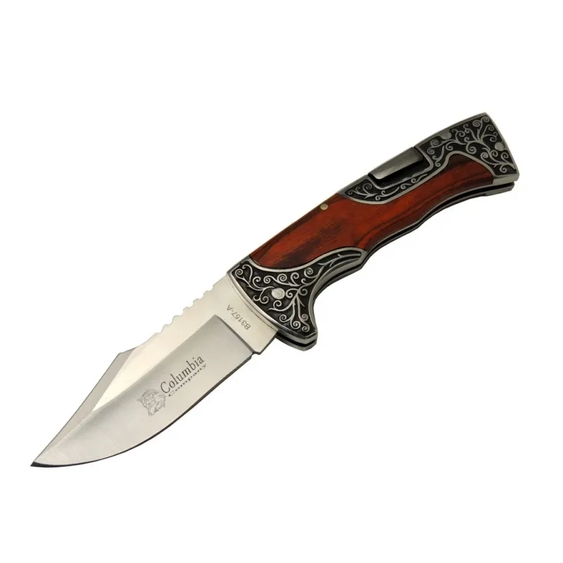 Columbia B3157a İşlemeli Kamp Çakı 22 Cm - Gül Ağacı Saplı, Manuel Açılma