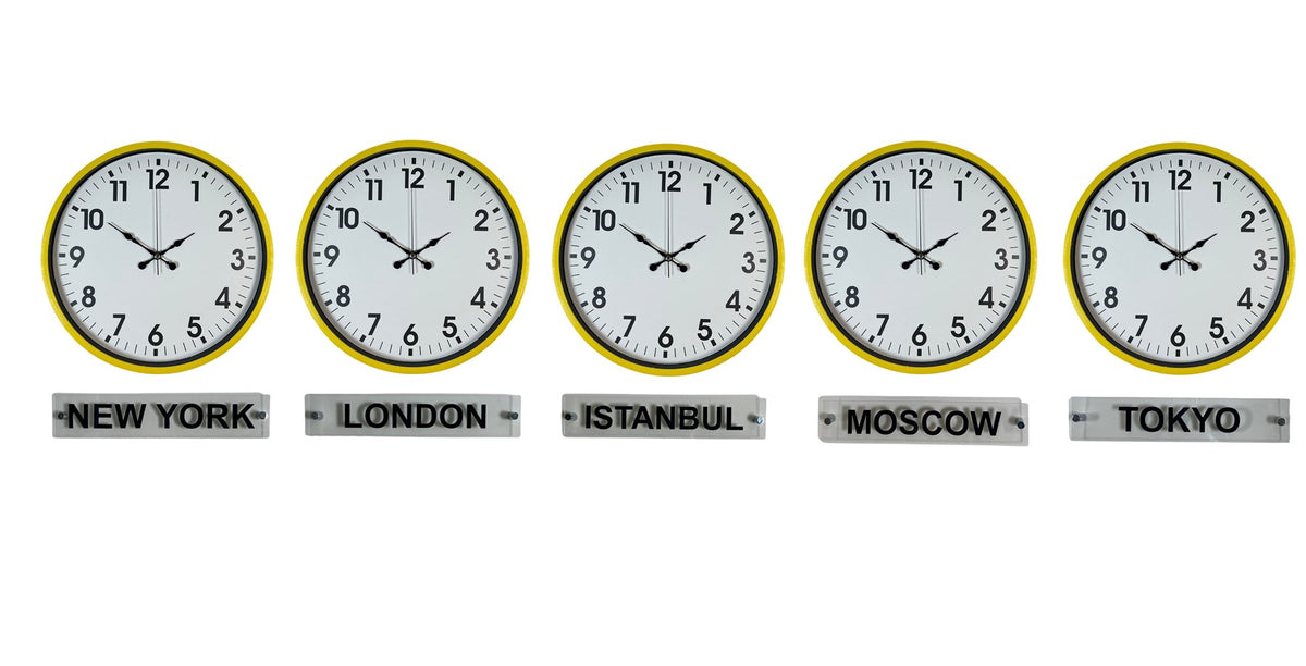 Sarı Tabelalı 5 li 36 Cm Dünya Saatleri