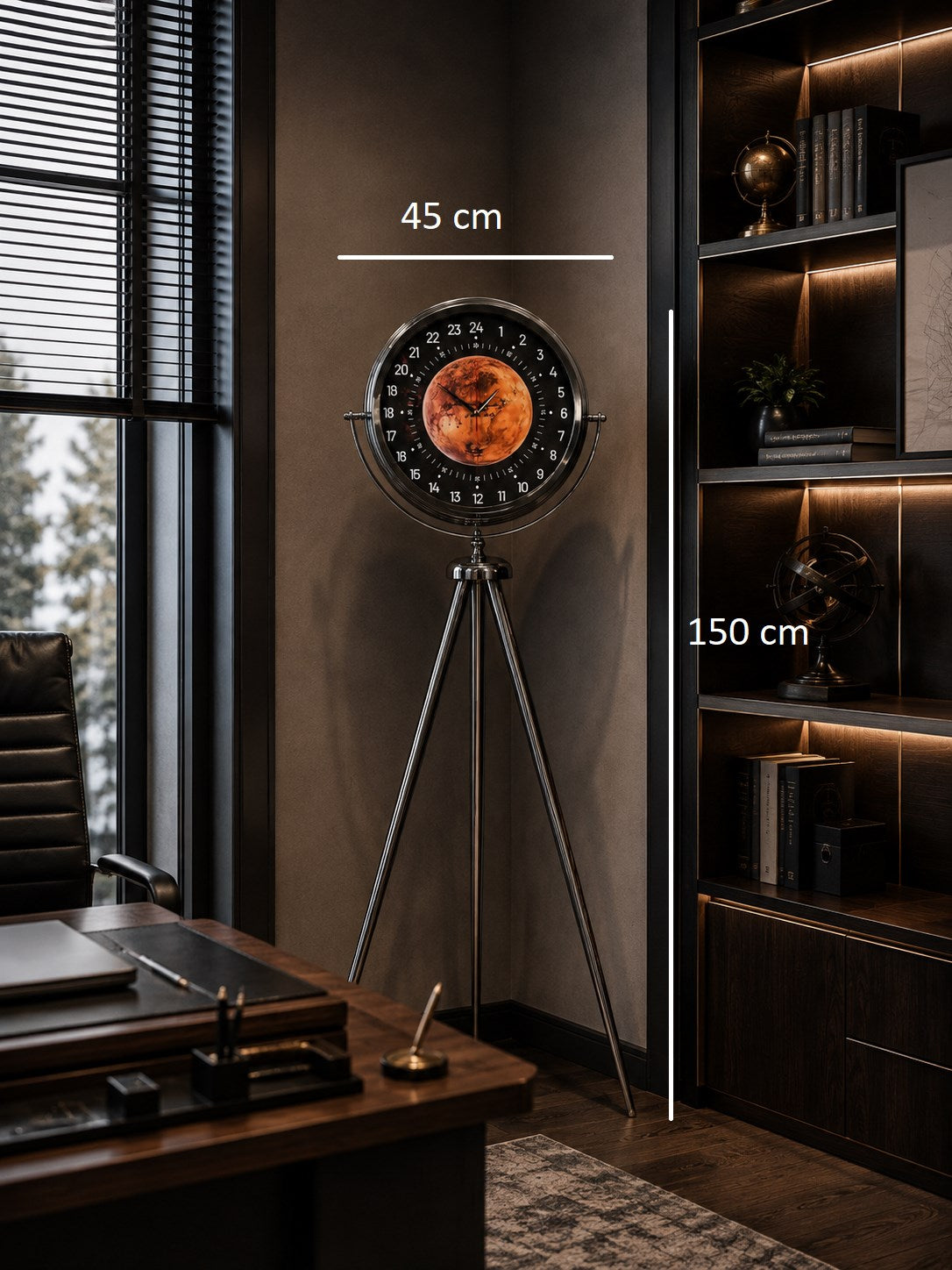Krom 24 Saat Göstergeli 150 x 45 Cm Özel Tasarım Tripod Ayaklı Saat