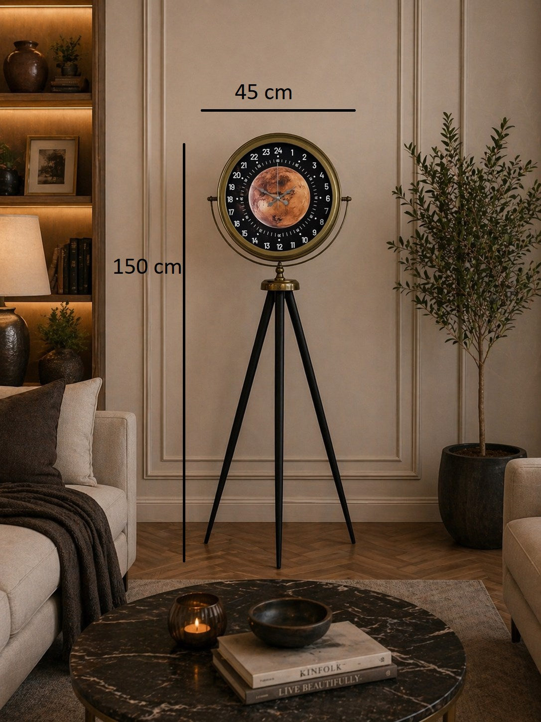 Eskitme 24 Saat Göstergeli Özel Tasarım Tripod Ayaklı Saat