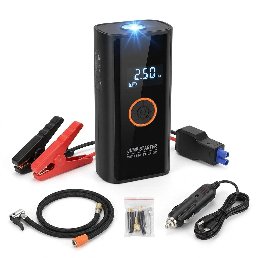 BUFFER® Akü Takviye Cihazı ve Lastik Şişirme Pompası 16000mAh – Powerbank Özellikli, Dijital Ekranlı SOS Fenerli Taşınabilir Kompresör