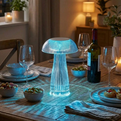 BUFFER® Şeffaf Mantar Model LED Masa Lambası –Kumandalı Şarjlı, Dokunmatik, Rengarek Işık Modlu Dekoratif Gece Lambası