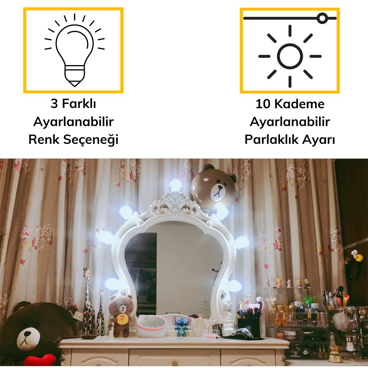 BUFFER® Nostalji Hollywood Tarzı 10lu Makyaj Masası Aynası Beyaz Led Işıklı Lamba USB