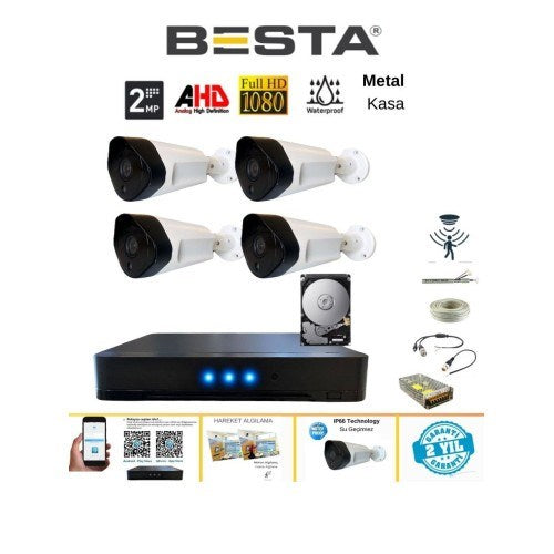 2 Mp 1080P 4 Metal Kasa Kameralı Dış Mekan Ahd Güvenlik Sistemi 250 GB HDD Dahil