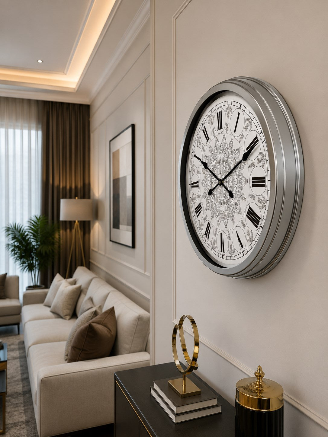 Krom Mandala Desenli 60 x 60 Cm Metal Duvar Saati