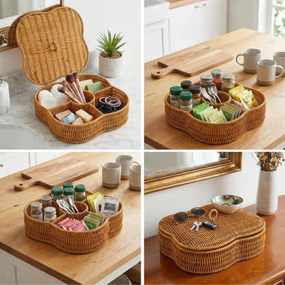 BUFFER® Kapaklı 5 Bölmeli Plastik Rattan Organizer Kutu – Hasır Desenli Çok Amaçlı Saklama ve Sunum Sepeti Çerezlik