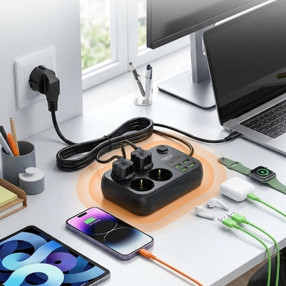 BUFFER® Çoklu Priz Uzatma Kablosu 4 Soket + 4 USB + 2 Type-C – Termal Akım Korumalı, Isıya Dayanıklı, Çocuk Korumalı Güvenli Priz 100-250V