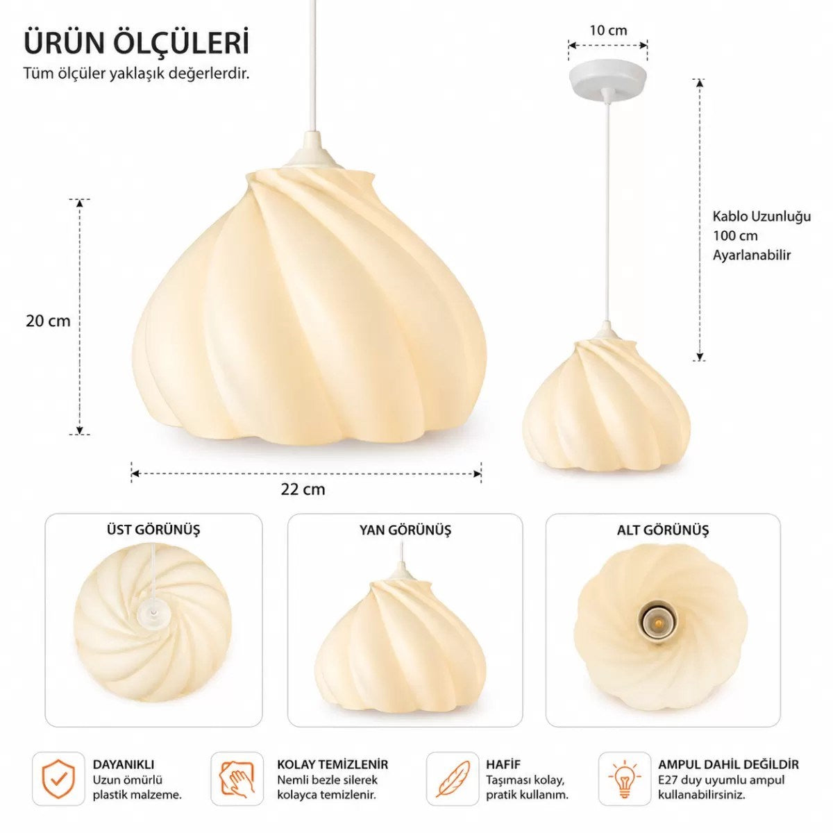 Pumpkin Tekli Avize Yatak Odası Mutfak Sarkıt Avize – Salon Ve Oturma Odası Aydınlatması 25x25 Cm Krem