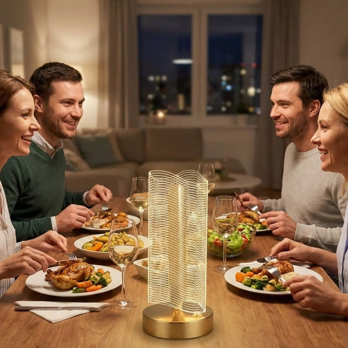 Dalgalı Silindirik Kristal Çizgili Model LED Masa Lambası – Gold Tabanlı, Dokunmatik, 3 Renk Işık Modlu, Şarjlı Modern Dekoratif Gece Lambası (5643)