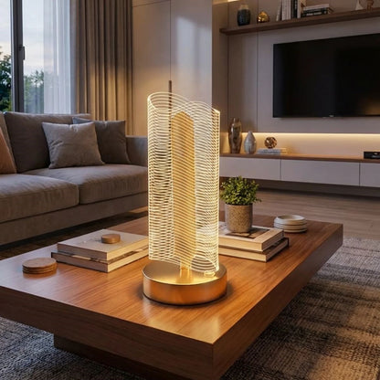 Dalgalı Silindirik Kristal Çizgili Model LED Masa Lambası – Gold Tabanlı, Dokunmatik, 3 Renk Işık Modlu, Şarjlı Modern Dekoratif Gece Lambası (5643)