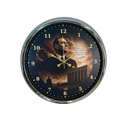 Krom Cumhuriyet Yıldızı 40 x 40 Cm Metal Atatürk Duvar Saati