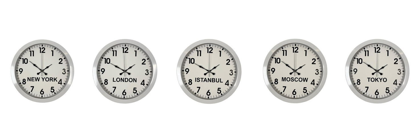 Beyaz Premium Tasarım 36 cm Metal Dünya Saatleri 5’li Set