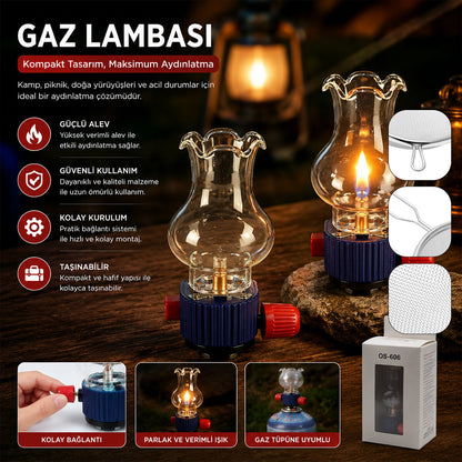 DEKORATİF GAZ LAMBASI GAZ KARTUŞ UYUMLU TAŞINABİLİR - CAM HAZNELİ ISIYA DAYANIKLI (5643)