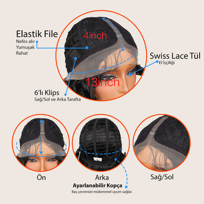 Yoğun Dalga Siyah Fiber Sentetik Geniş T Tül Peruk