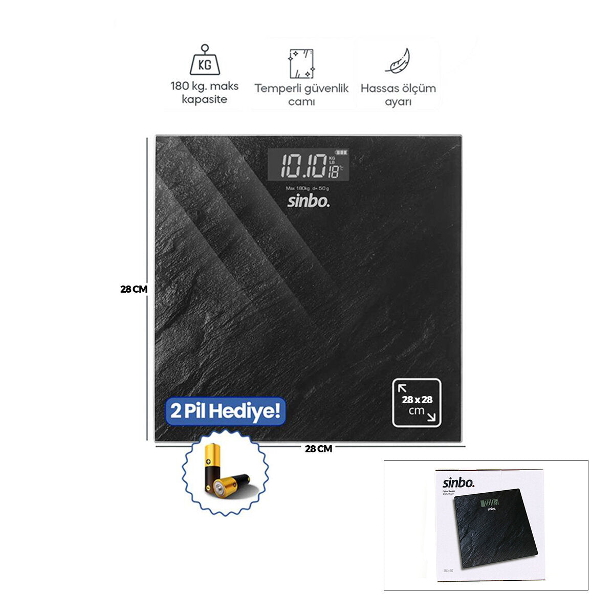 DİJİTAL - PİLLİ BANYO BASKÜL TERAZİ TARTI LCD EKRAN - SICAKLIK GÖSTERGE 180KG/50GR 28X28CM SBS-4452 (5643)