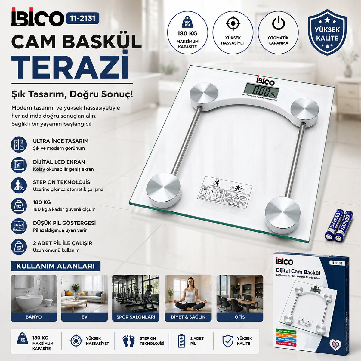 DİJİTAL - PİLLİ KARE BANYO BASKÜL TERAZİ TARTI LCD EKRAN 180KG/0.1G 30X30CM İ11-025 (5643)