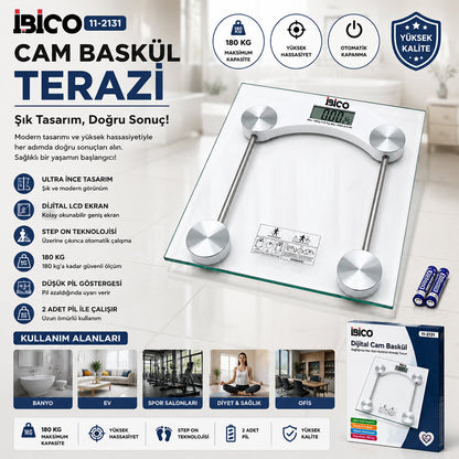 DİJİTAL - PİLLİ KARE BANYO BASKÜL TERAZİ TARTI LCD EKRAN 180KG/0.1G 30X30CM İ11-025 (5643)