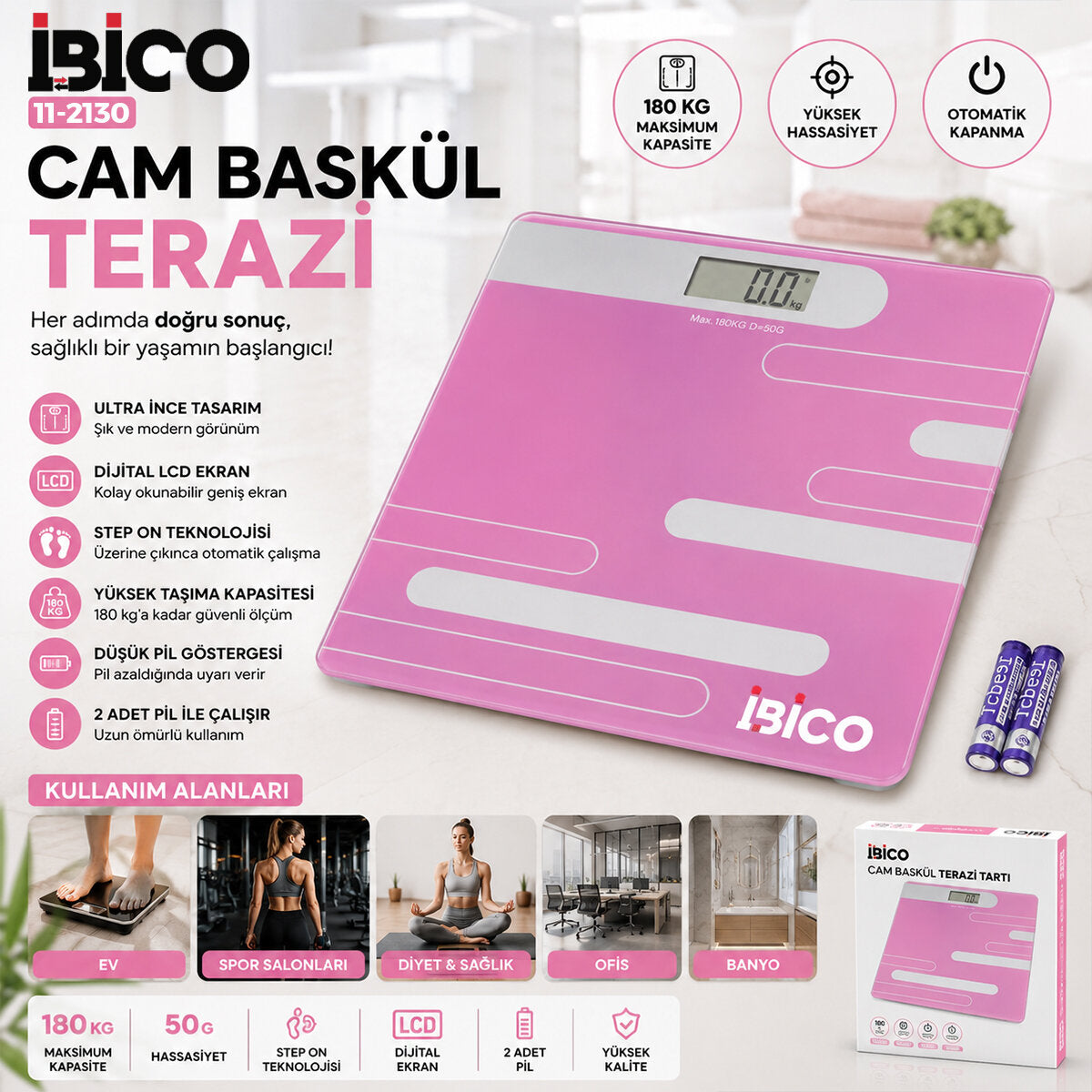 DİJİTAL - PİLLİ RENKLİ CAM BANYO BASKÜL TERAZİ TARTI LCD EKRAN 180KG/50GR 26X26CM İ11-024 (5643)