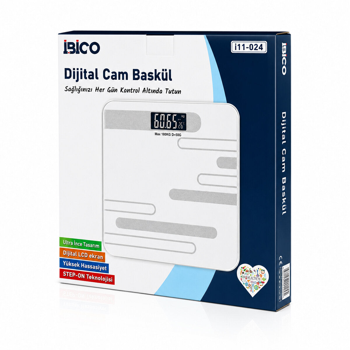 DİJİTAL - PİLLİ RENKLİ CAM BANYO BASKÜL TERAZİ TARTI LCD EKRAN 180KG/50GR 26X26CM İ11-024 (5643)