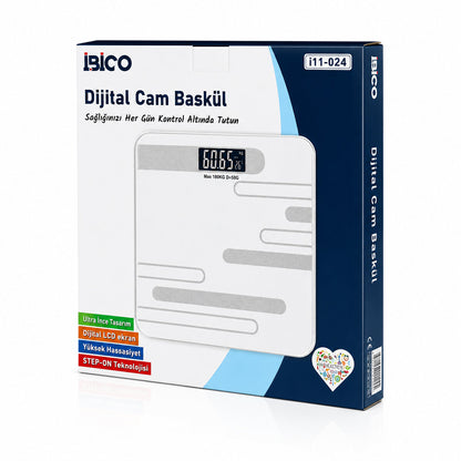 DİJİTAL - PİLLİ RENKLİ CAM BANYO BASKÜL TERAZİ TARTI LCD EKRAN 180KG/50GR 26X26CM İ11-024 (5643)