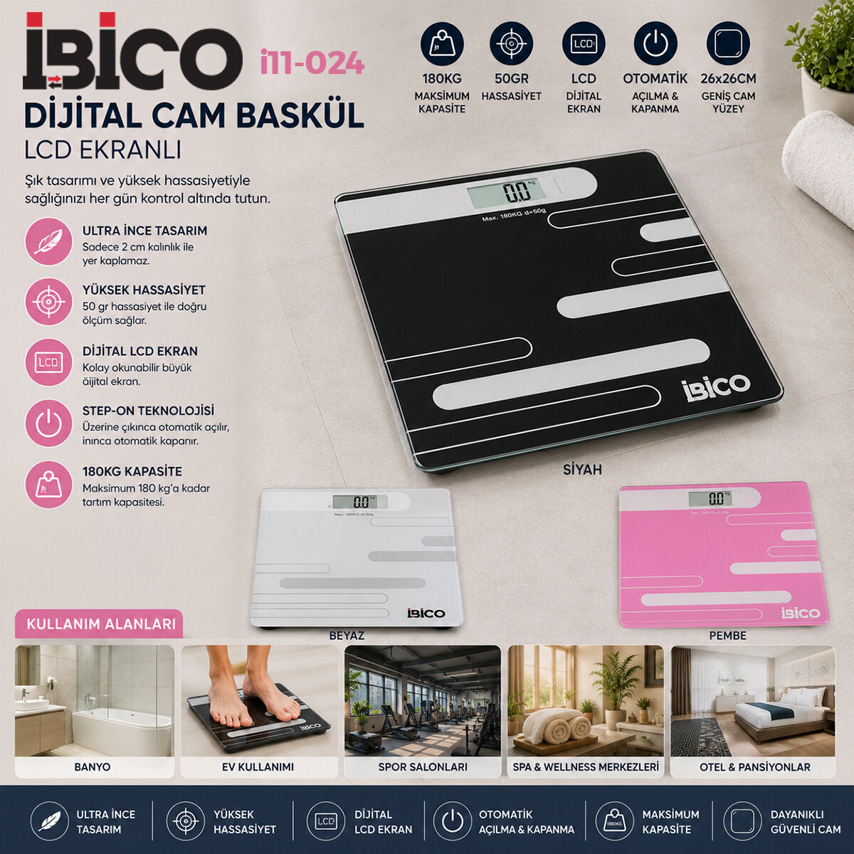 DİJİTAL - PİLLİ RENKLİ CAM BANYO BASKÜL TERAZİ TARTI LCD EKRAN 180KG/50GR 26X26CM İ11-024 (5643)