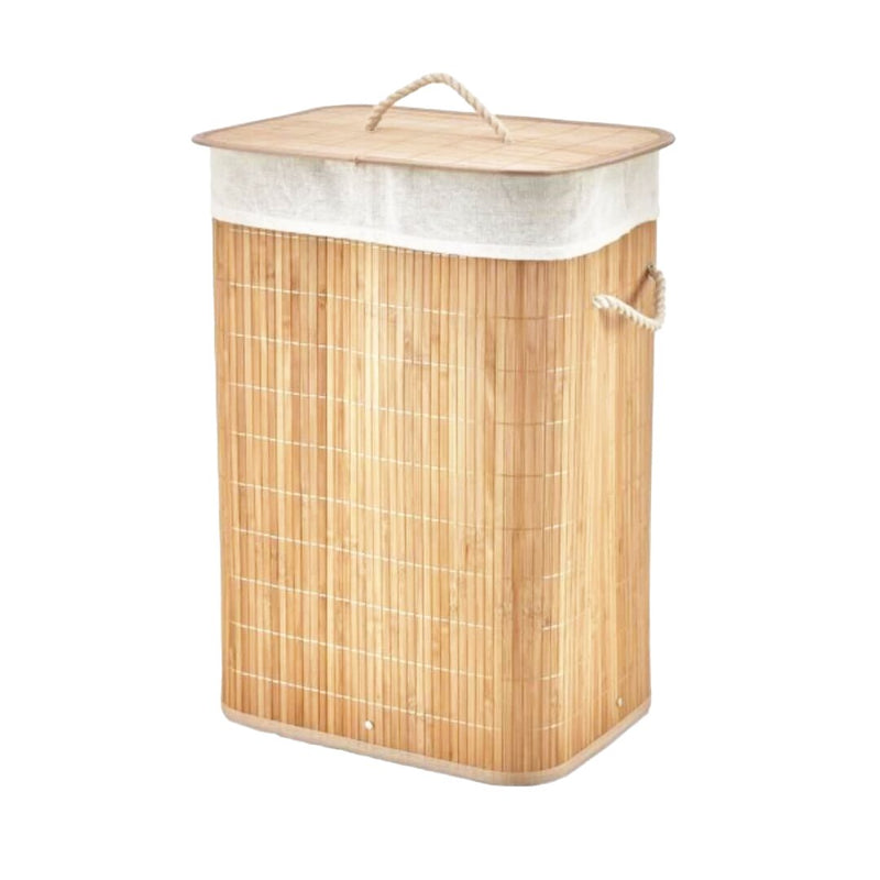 DİKDÖRTGEN BAMBU AHŞAP KİRLİ ÇAMAŞIR SEPETİ 40X30X60CM SEYYAR KAPAKLI İÇİ BEZLİ İP KULPLU (5643)
