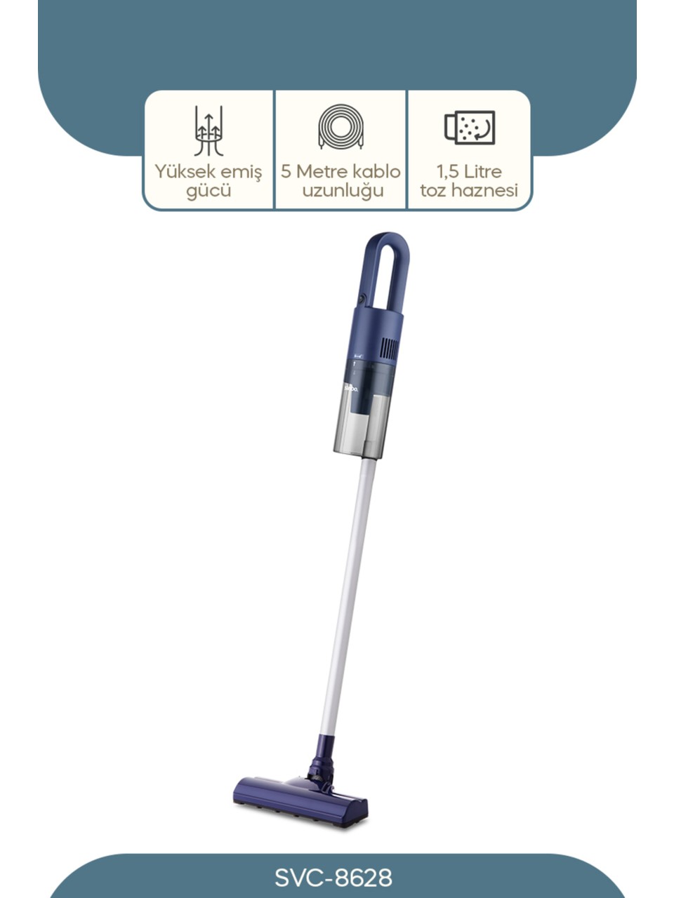 DİKEY MAVİ ELEKTRİKLİ SÜPÜRGE 500W 90° BAŞLIK - 1.5LT TOZ HAZNE - ÇİFT FİLTRE SVC-8628 (5643)
