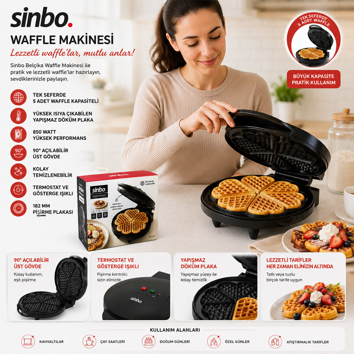 DÖKÜM BELÇİKA WAFFLE MAKİNESİ ELEKTRİKLİ 5 WAFFLE YAPIŞMAZ YÜZEY 850W SSM-2595 (5643)
