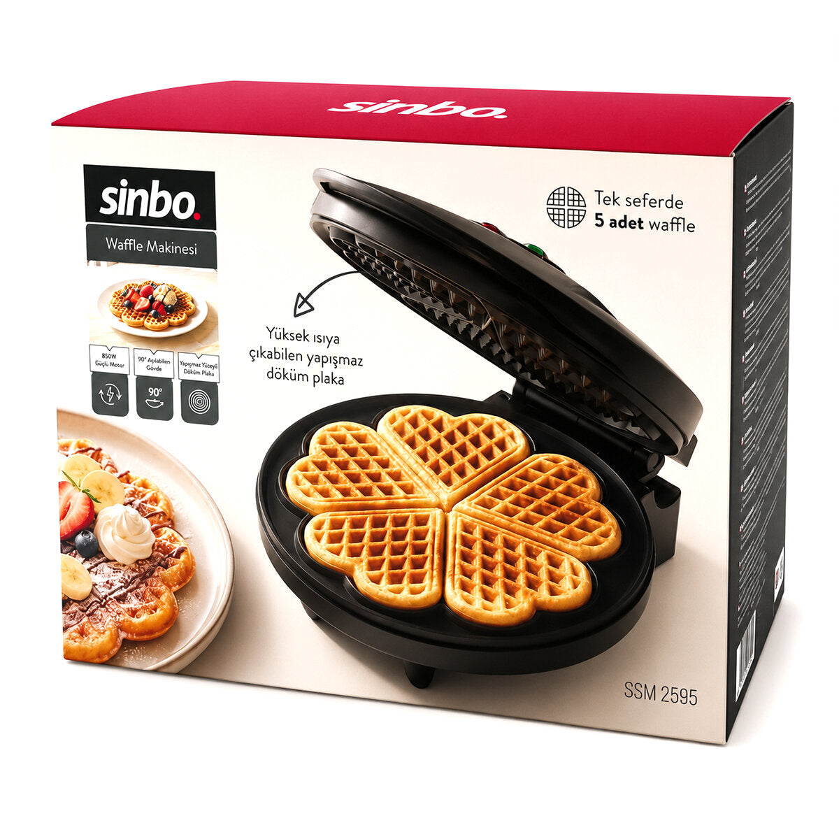 DÖKÜM BELÇİKA WAFFLE MAKİNESİ ELEKTRİKLİ 5 WAFFLE YAPIŞMAZ YÜZEY 850W SSM-2595 (5643)