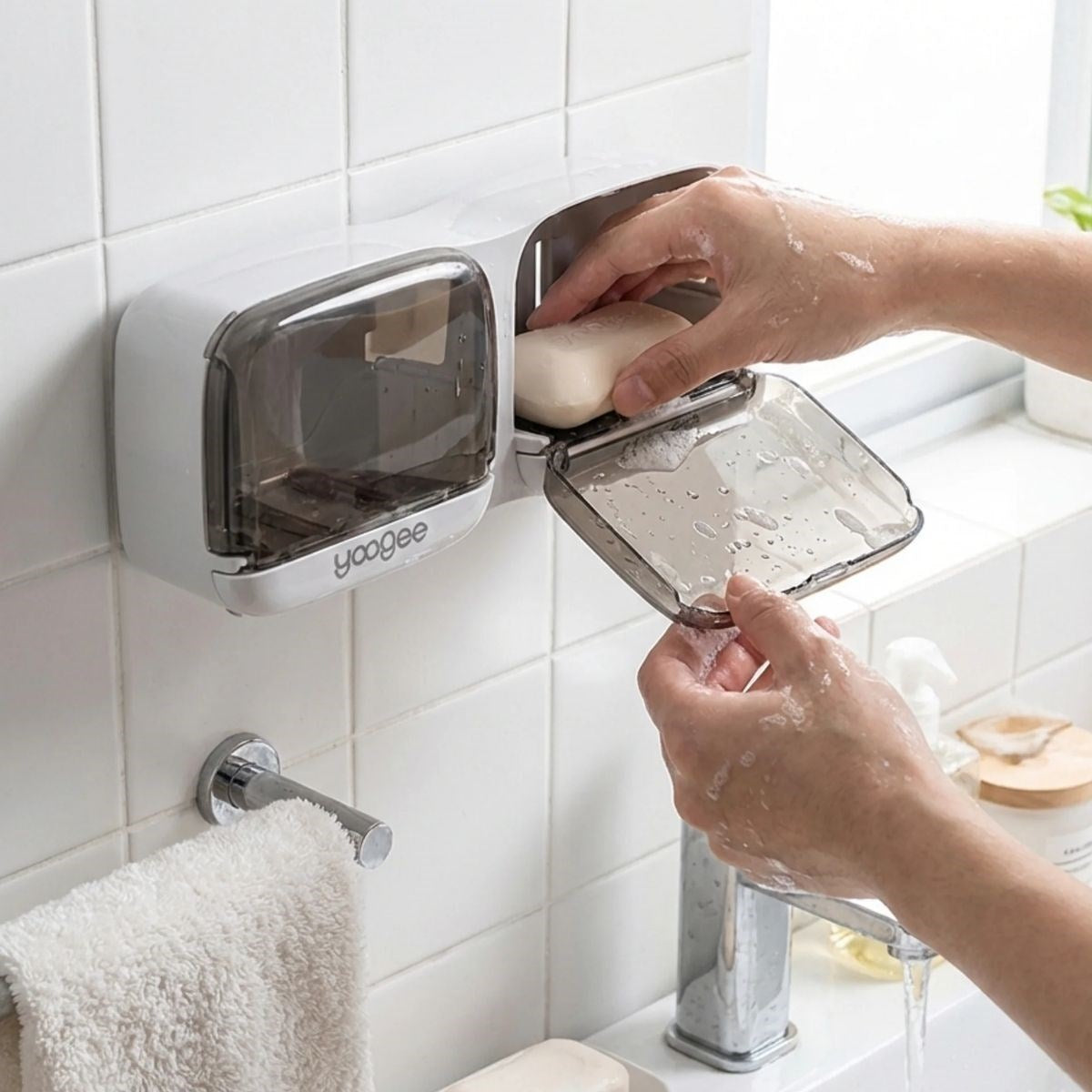 Duvara Monte İkili Kapaklı Plastik Katı Sabunluk Organizer – Banyo & Mutfak İçin Yapışkanlı Sabun Kutusu ve Düzenleyici (5643)